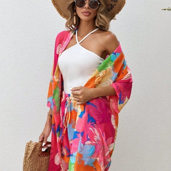 Multicolor Vacation Style Womens Floral Print Kimono & Tie Front Shorts - Picture 6 of 6